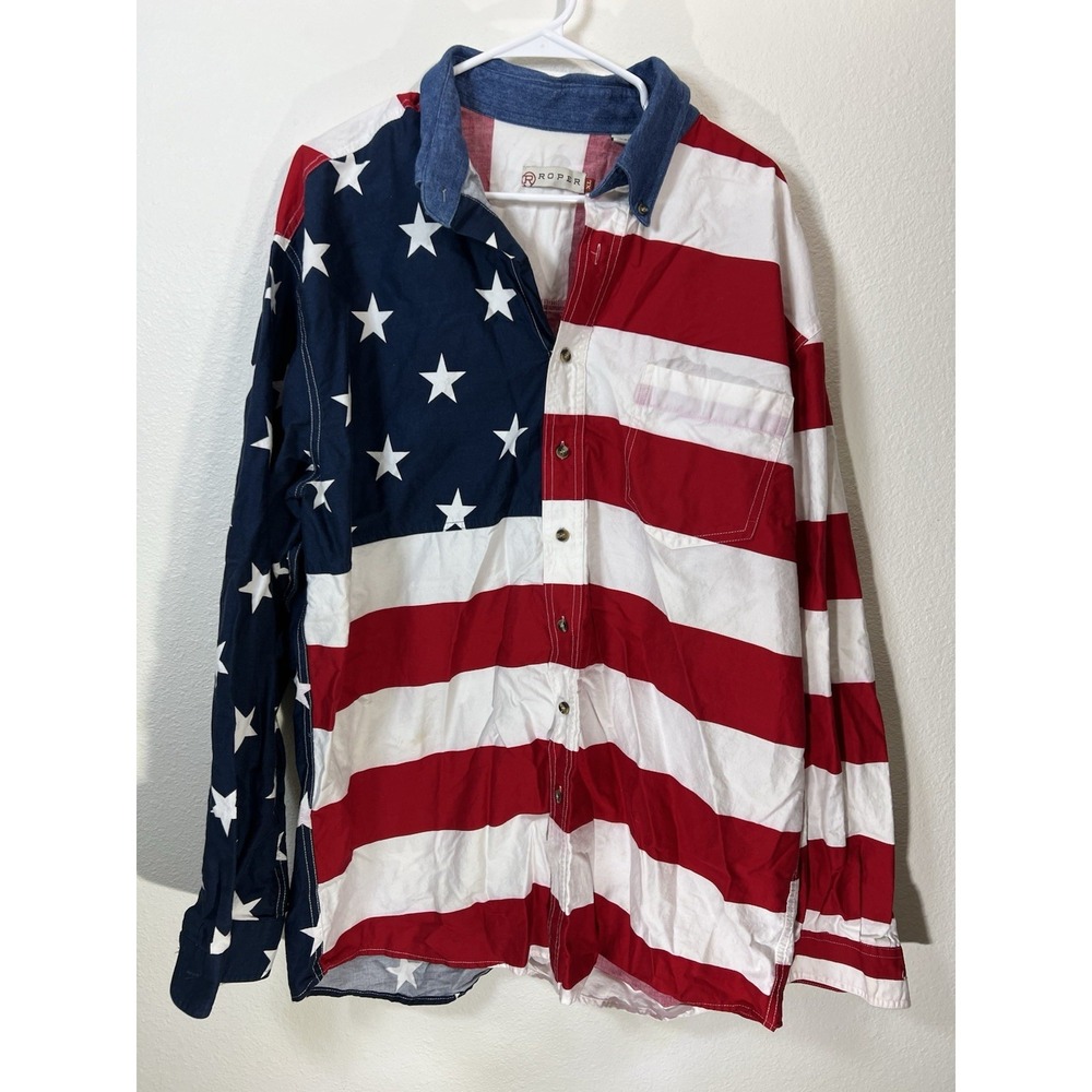 Roper Men's Shirt XL American Flag Rodeo Patriotic Western Country Cowboy